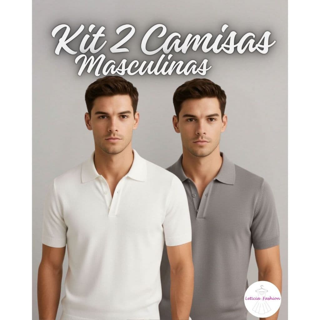 Kit 2 Camiseta Polo Tricot Masculina Lisa com Gola V com Botões Tricô Casual Despojado Moda Verão