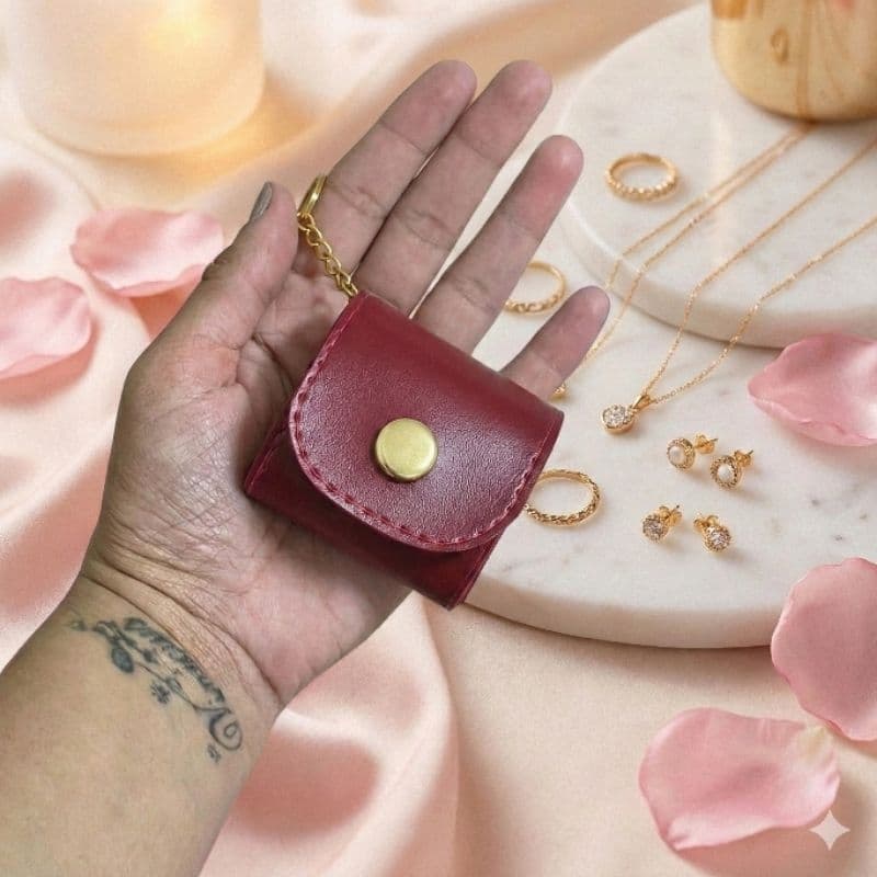 Mini Porta Joias com Espelho Portátil | Organizador de Joias Compacto Feminino | Chaveiro Presente Criativo