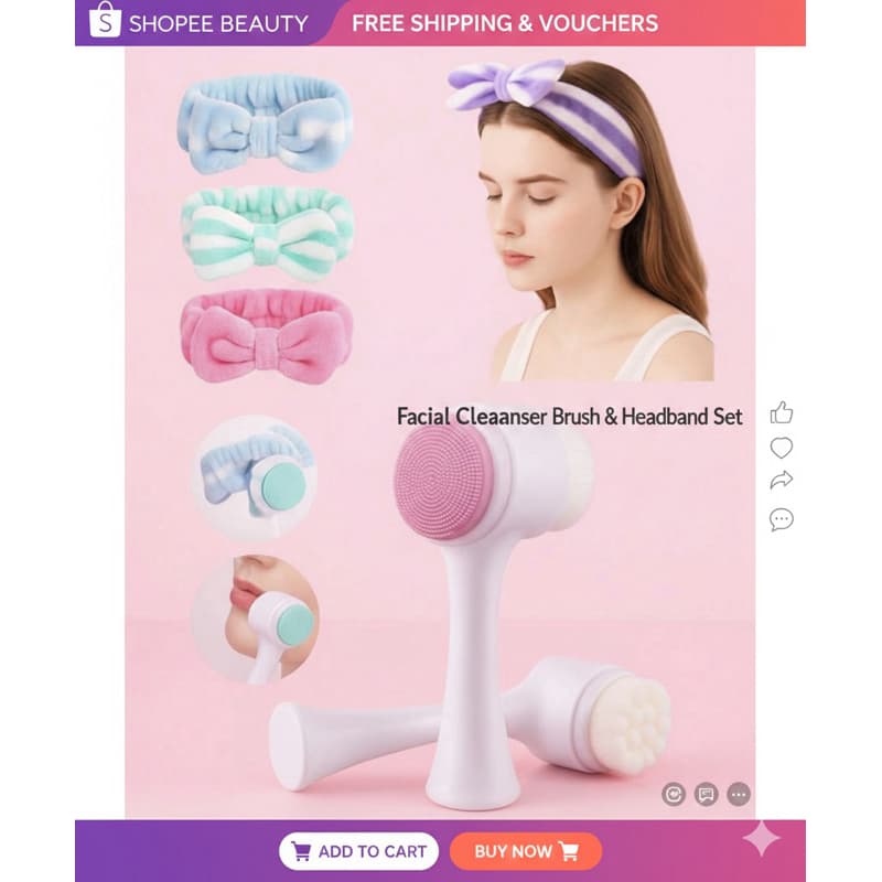 Kit Spa Facial – Escova de Limpeza + Tiara Laço Maquiagem | Limpeza Profunda e Pele Renovada Cor de Envio ALEATÓRIO