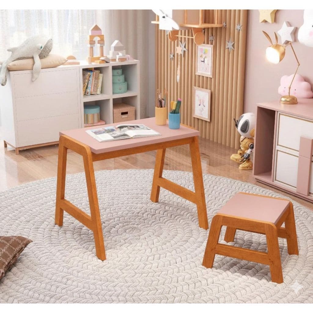 Mesa Infantil Montessori Rosa Com Banqueta Madeira Luxo