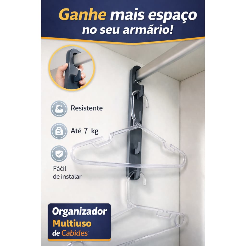 Organizador de Cabides 3 em 1 Economiza Espaço no Guarda-Roupa Suporte Multiuso