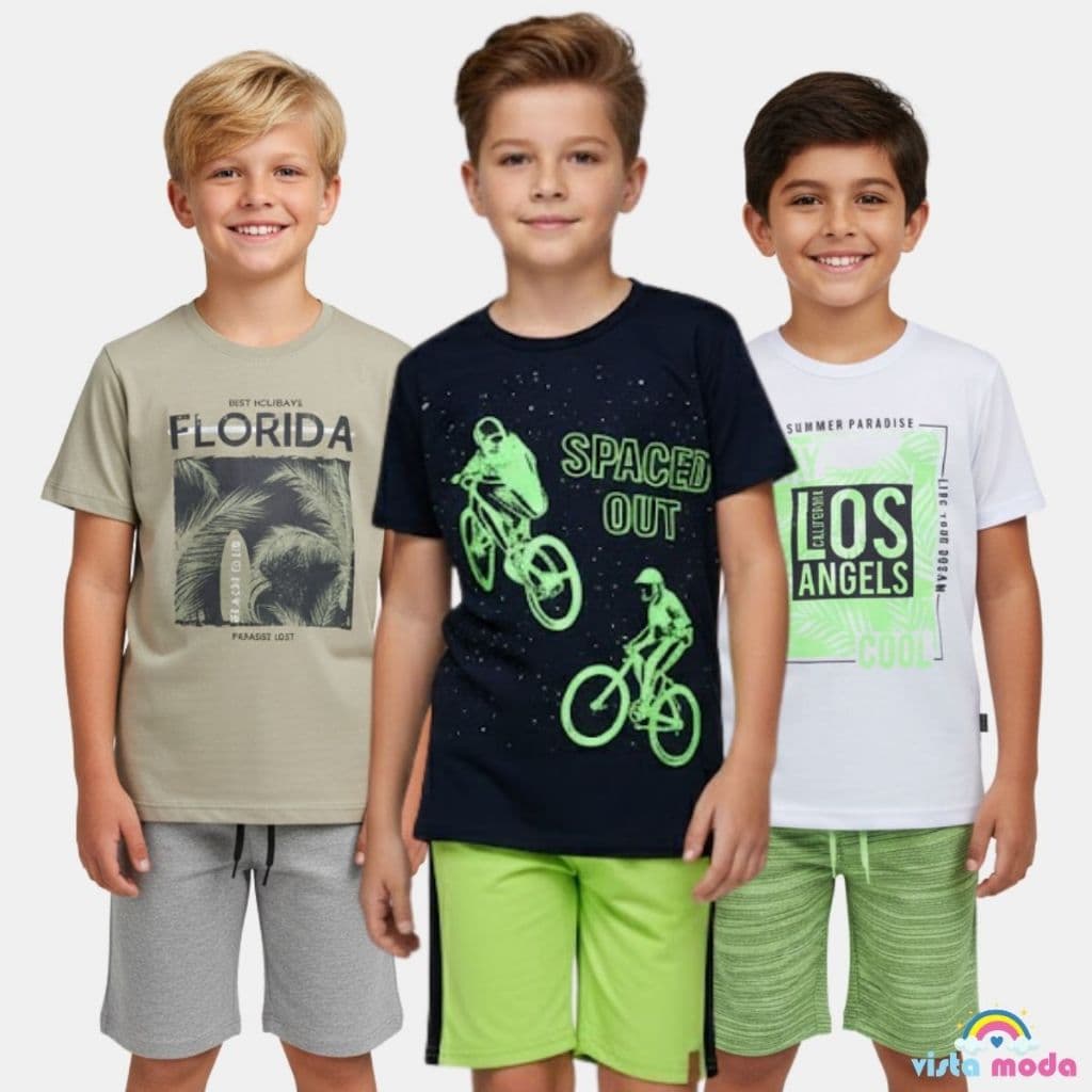 Kit Sortido 6 Peças de Roupas Infantil Menino 3 Camisetas + 3 Bermudas - Kit com 3 Conjuntos Infantil Verão Menino