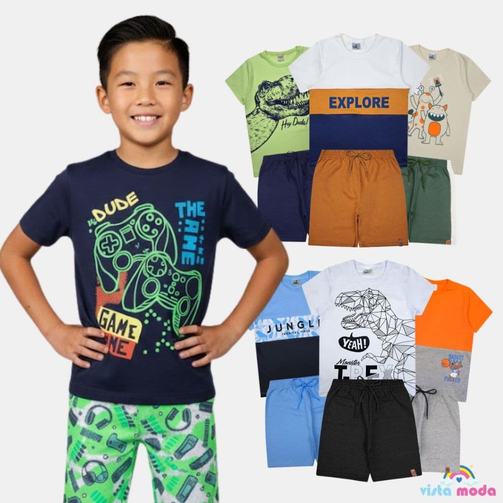 Kit 6 Peças Menino Verão 3 Camisetas Regata E 3 Bermudas Estampas Sortidas
