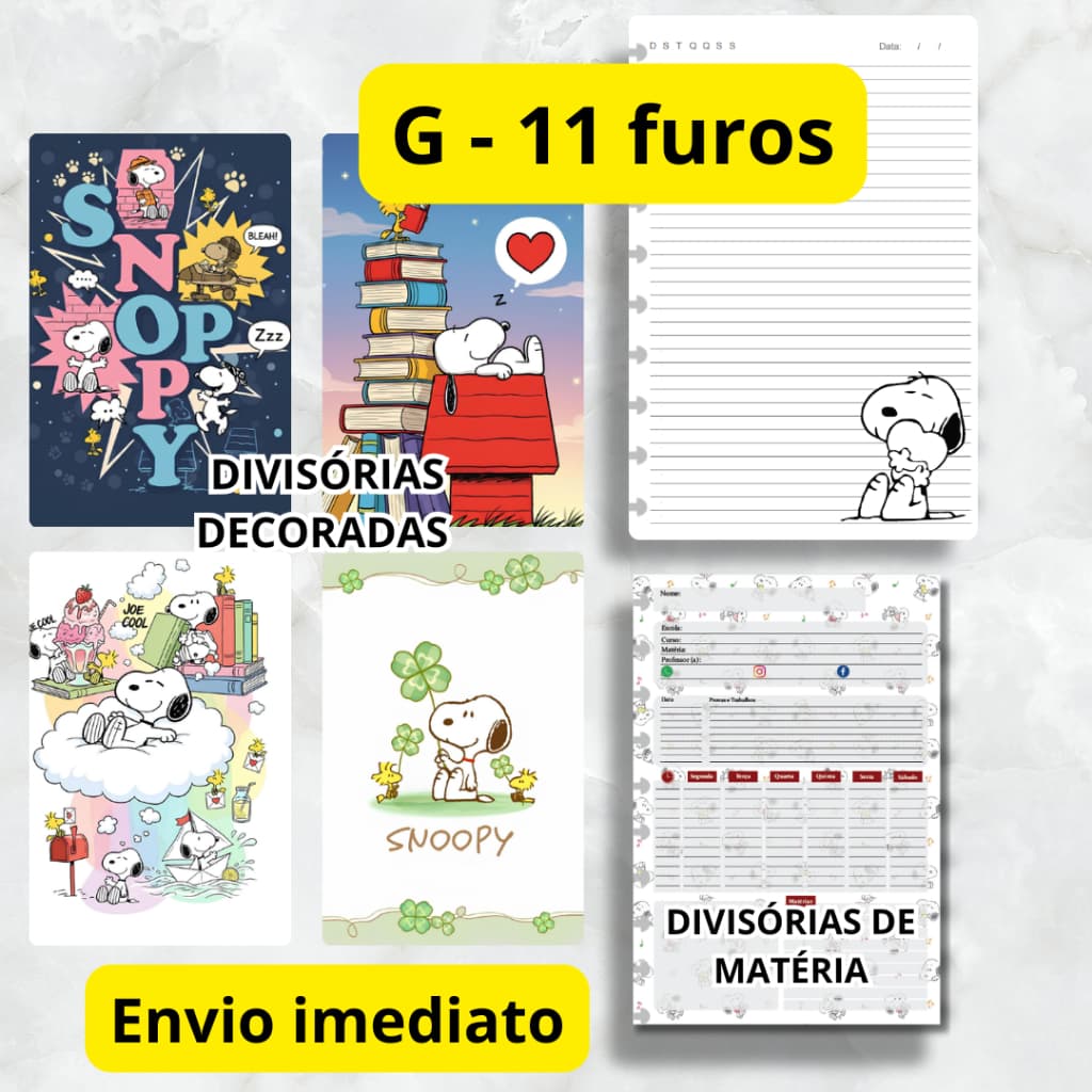 REFIL 100 FOLHAS PARA CADERNO DE DISCO SNOOPY KIT (G - 11 FUROS) E KIT DIVISÓRIA