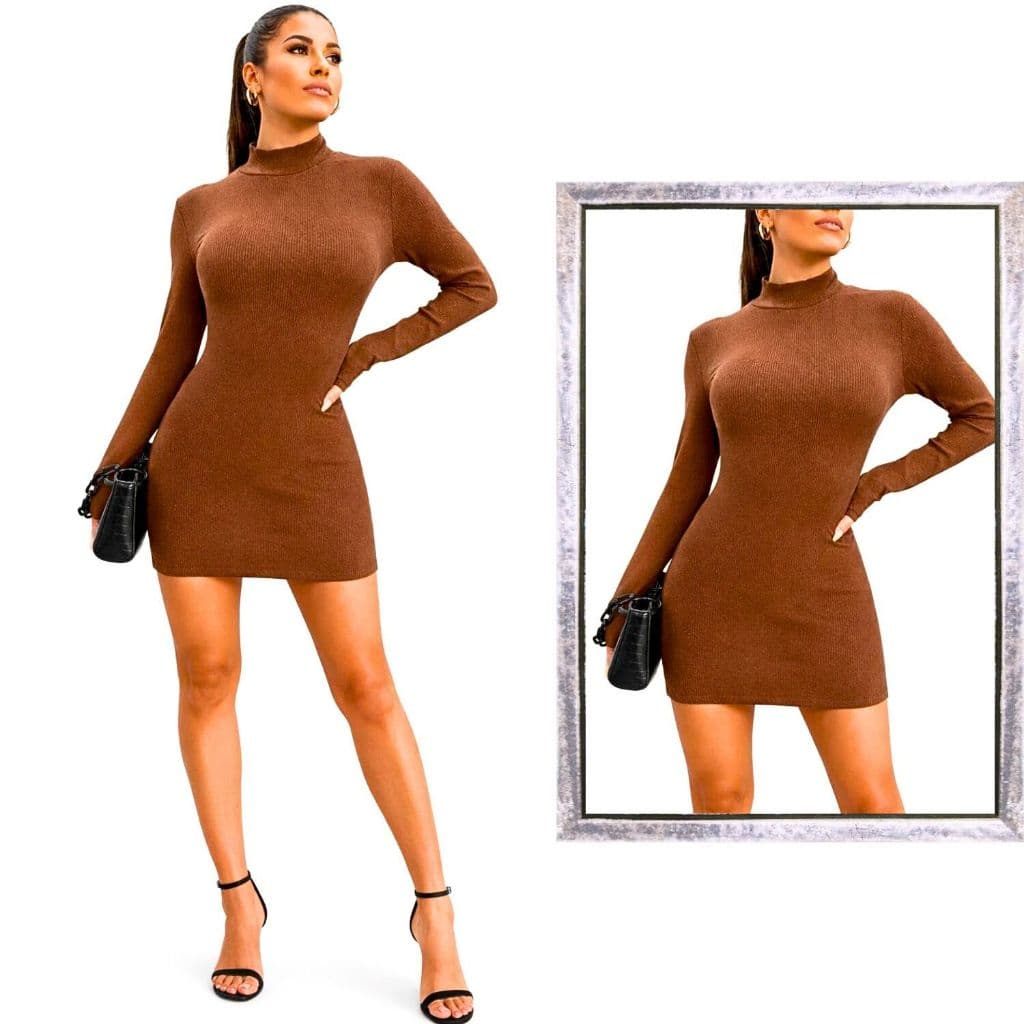 Vestido Manga Longa Gola Alta Curto Tubinho Feminino Canelado Simples e Elegante