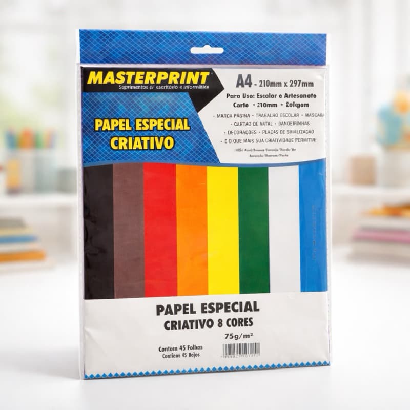 Papel Criativo A4 Colorido Masterprint - 8 Cores.