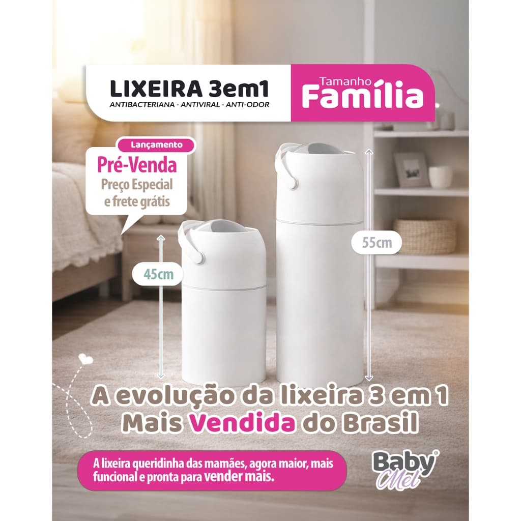 lixeira antiodor grande 30 fraldas 3em1 babymel 15 litros