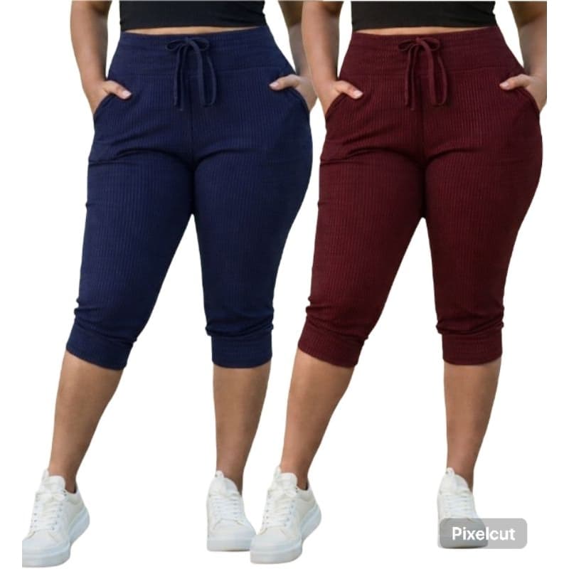 kit 2 calça Capri feminina Corsário Cintura alta com elastano e Bolso