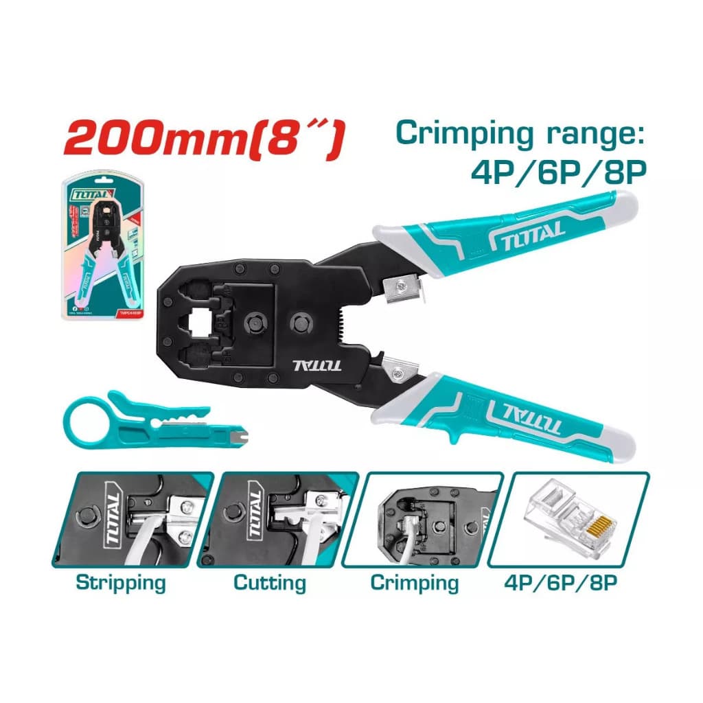ALICATE CRIPAGEM MODULAR 8" (200 mm) TERMINAIS RJ11/RJ45 - 4P/6P/8P - TOTAL TOOLS