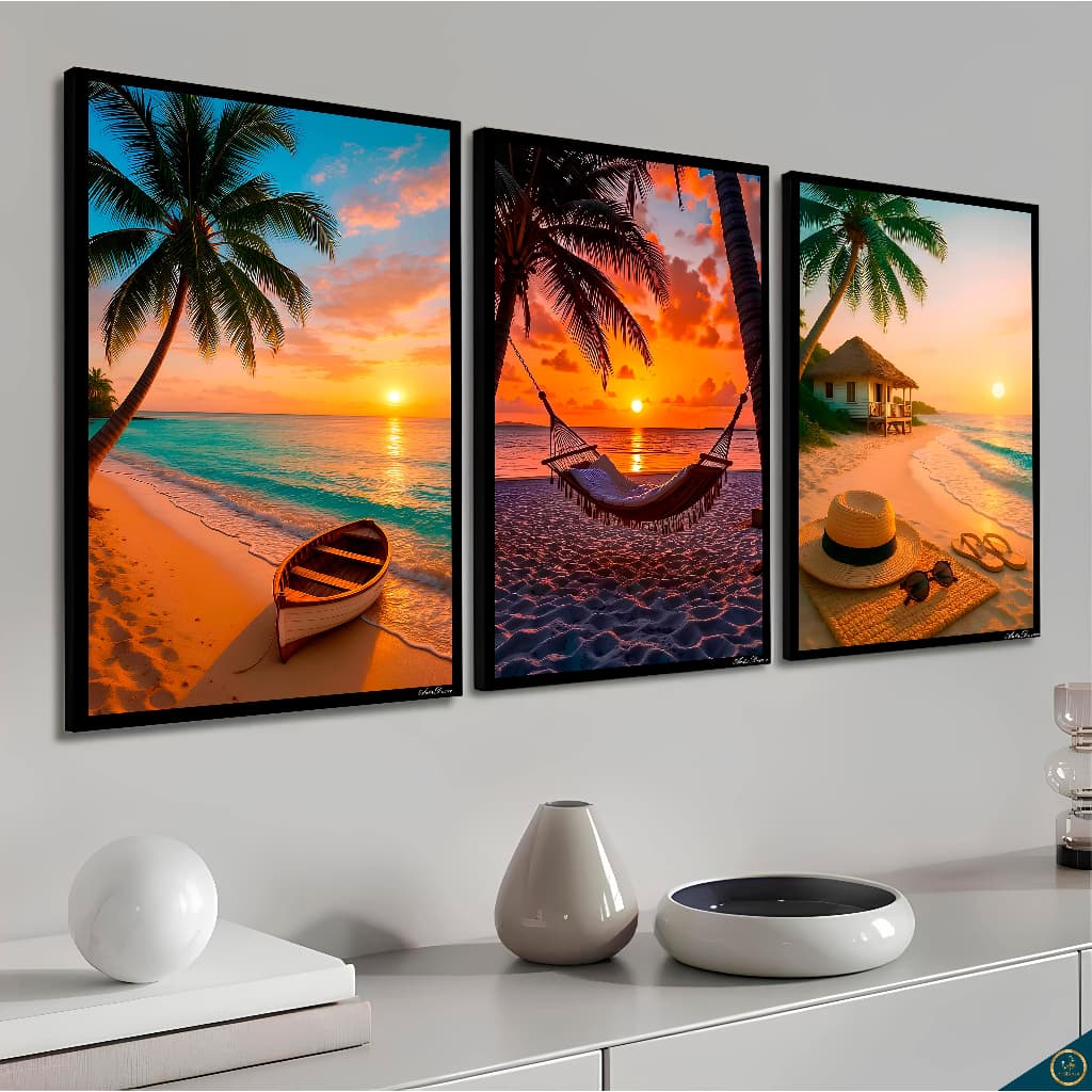 Quadros decorativos praia coqueiro ferias mar por do sol paisagem lindo Sala Quarto Hall Escritório promoção