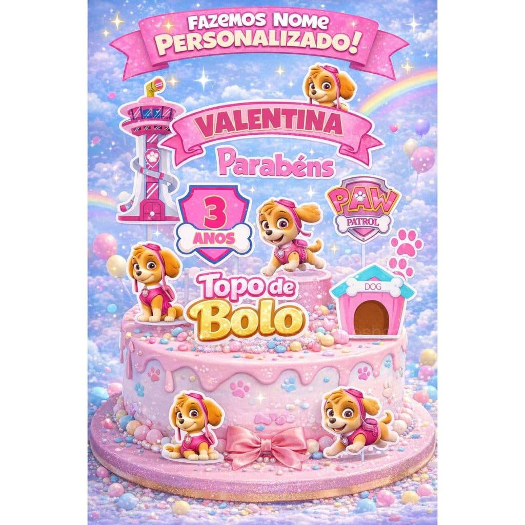 Topo de Bolo Topper de Bolo Personalizado Skye Patrulha Canina