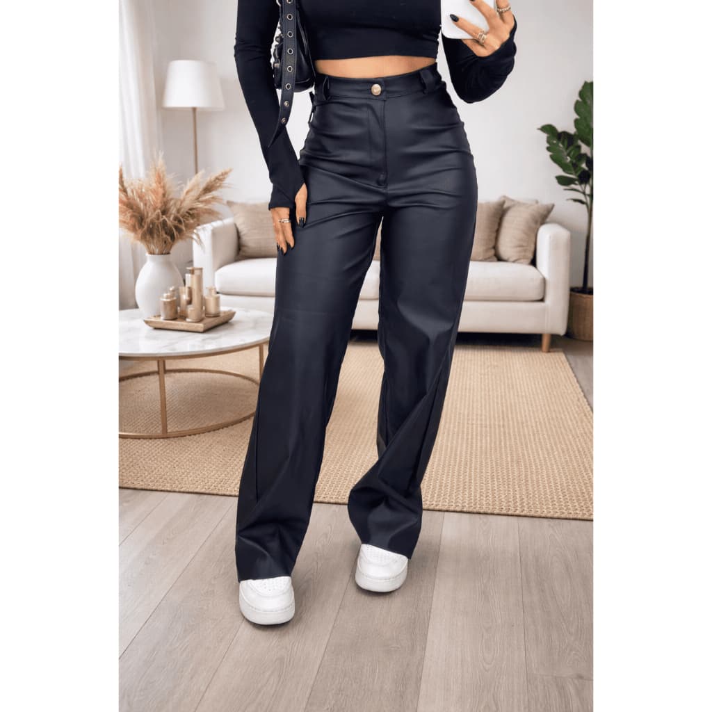 Calça Feminina Pantalona Couro Fake Wide Leg Tendência Luxo Balada PU Sintético Envio Rapido