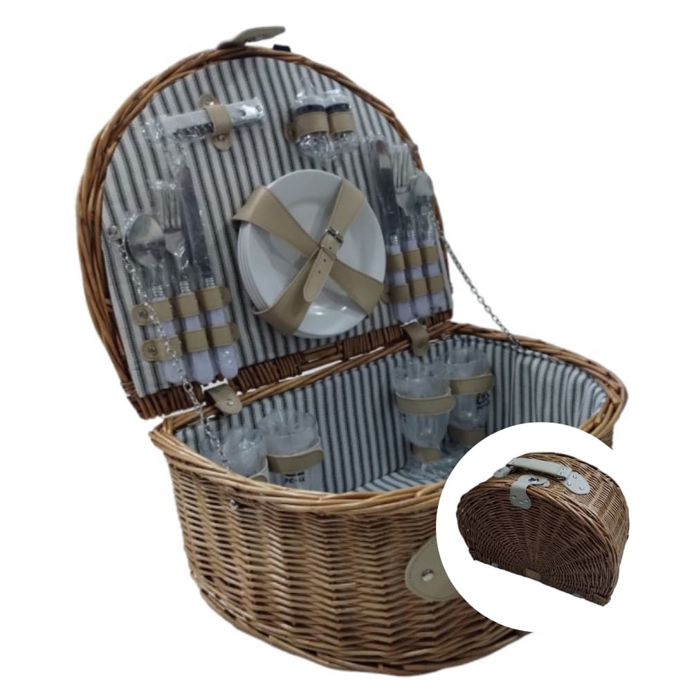 Cesta De Piquenique Em Vime Natural Vintage Com Talheres E Copos