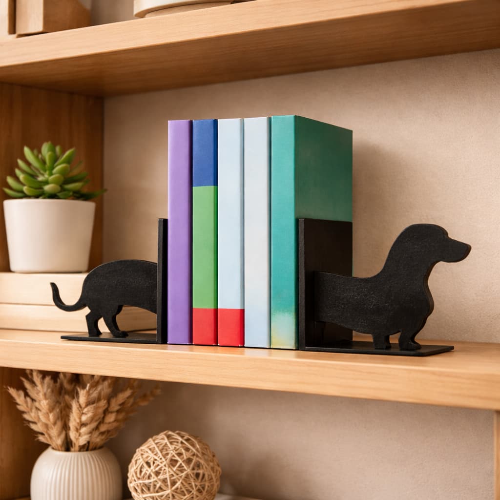 Aparador de Livro Cachorro Linguicinha Suporte para Livros Decorativo Bookend Organizador Estante Preto