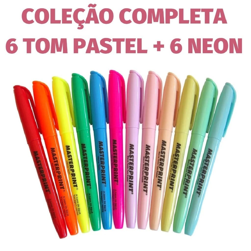 Kit Marca Texto Masterprint MP-612 – 12 Cores (6 Neon + 6 Pastel) Escolar Papelaria