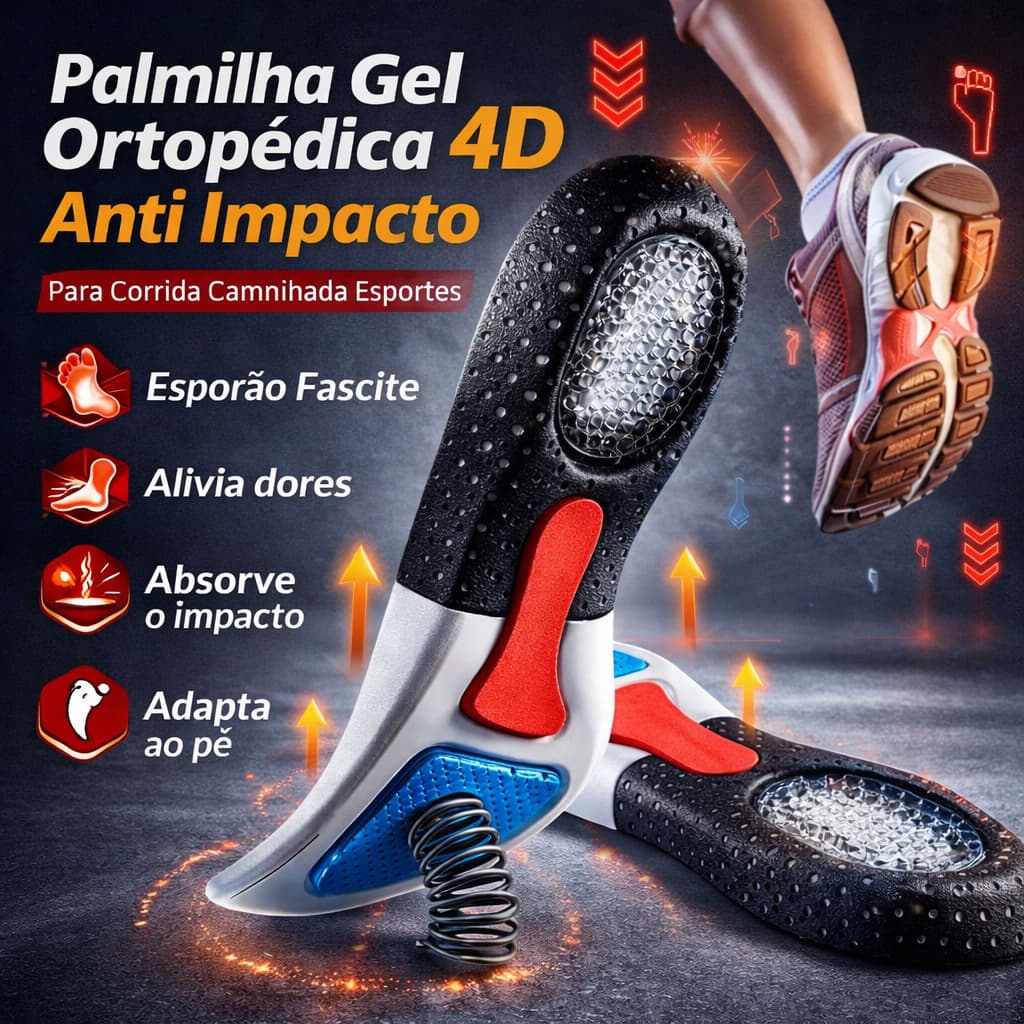 Palmilha Ortopédica Anti Impacto 4D Alivia Dores Esporão Fascite Para Caminhadas Corridas e Esportes