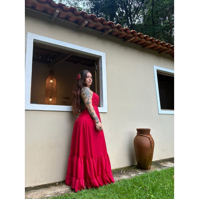 Vestido Vermelho Longo Costas Aberta Indiano Boho Seda