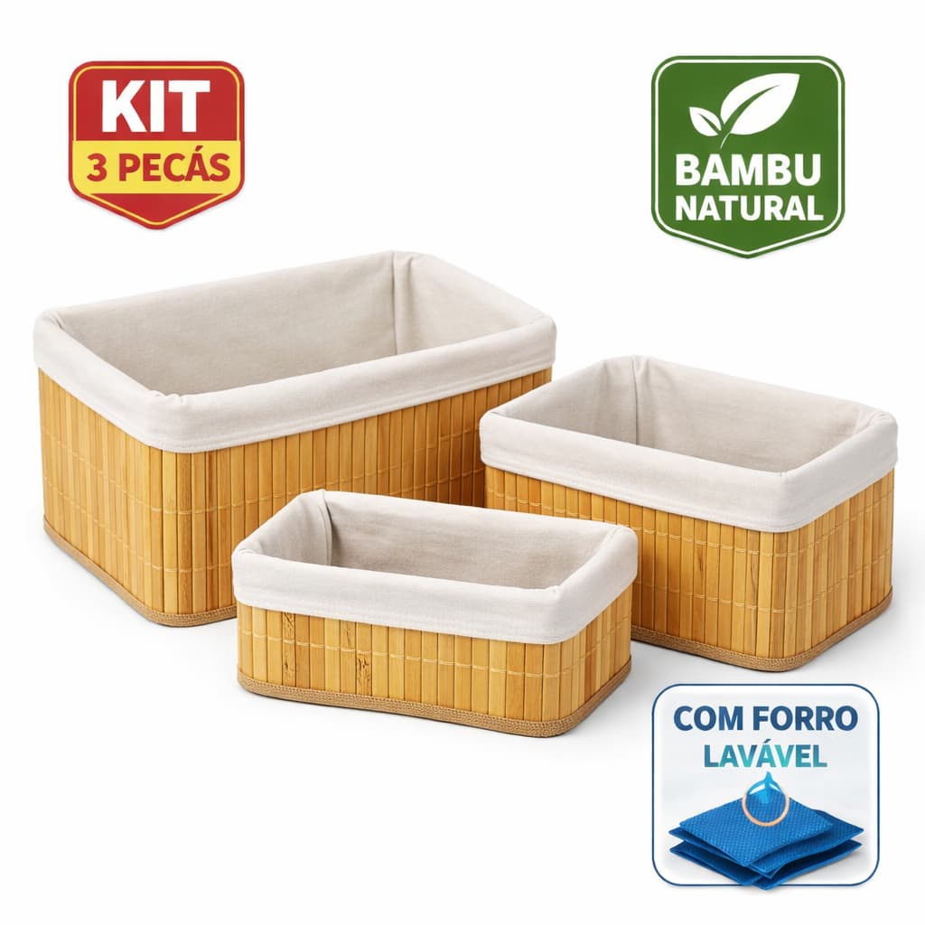 Cesto Organizador Bambu Kit 3 Cestos Organizadores com Forro Multiuso removivel Banheiro Cozinha Quarto lavanderia