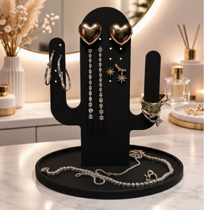 Porta Brincos Cacto Verde Claro Organizador de Joias com Base para Anéis e Colares Decorativo