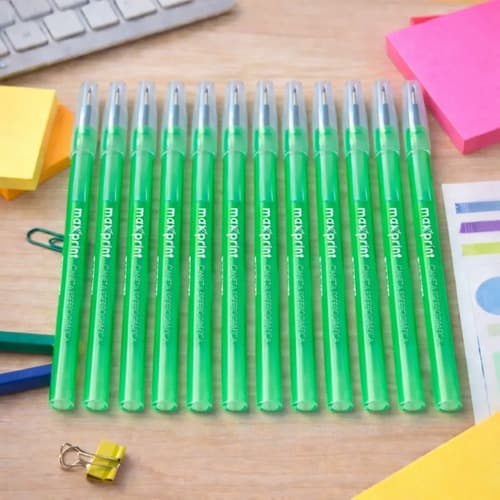 Kit 12 Canetas Esferográficas Verde 1mm Stick Neon Com Ponta Metálica - Maxprint