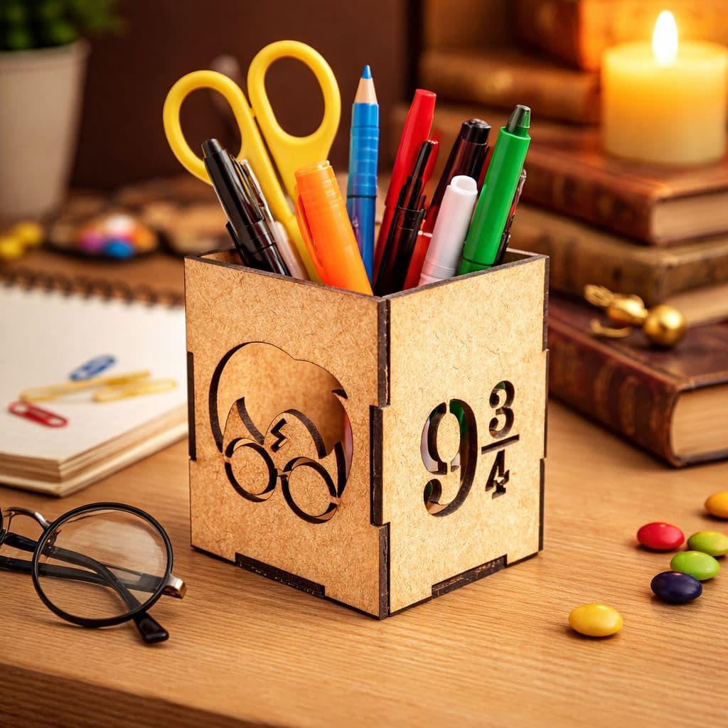 Porta Lápis Caneta Organizador Harry Oculos Decorativo de Mesa MDF Cru