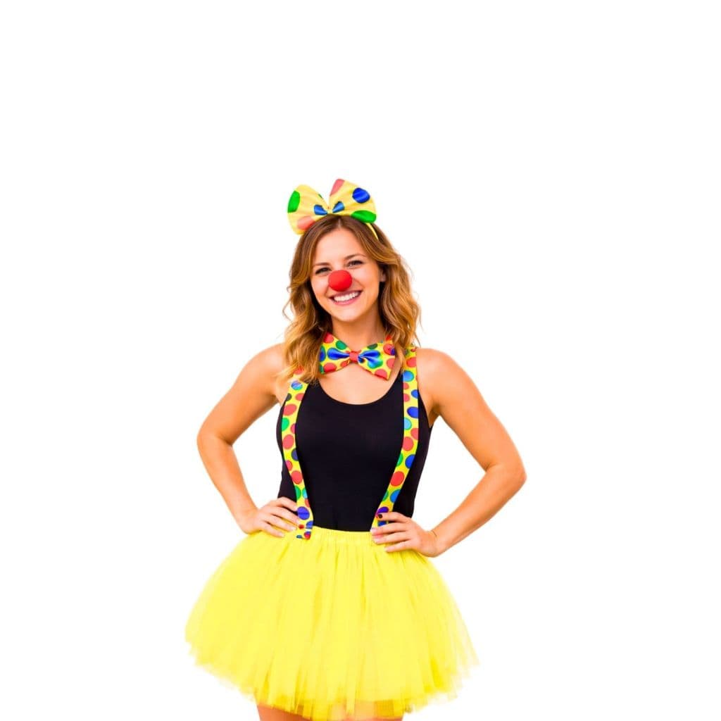 Kit Fantasia de Palhaço Completa Tiara Suspensório Nariz Gravata e Saia Tule 5 Pçs Carnaval e Festas