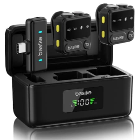 Microfone Sem Fio Lapela Basike Mini p/ iPhone – Par de Microfones, Conector Lightning, 25m Alcance, 10h Bateria, Case .