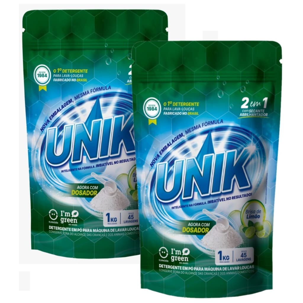 2 Kg Sabão Unik lava louças Fragrância Limão c/ Secante e Abrilhantador em pó 2 cx's de 1 kg.