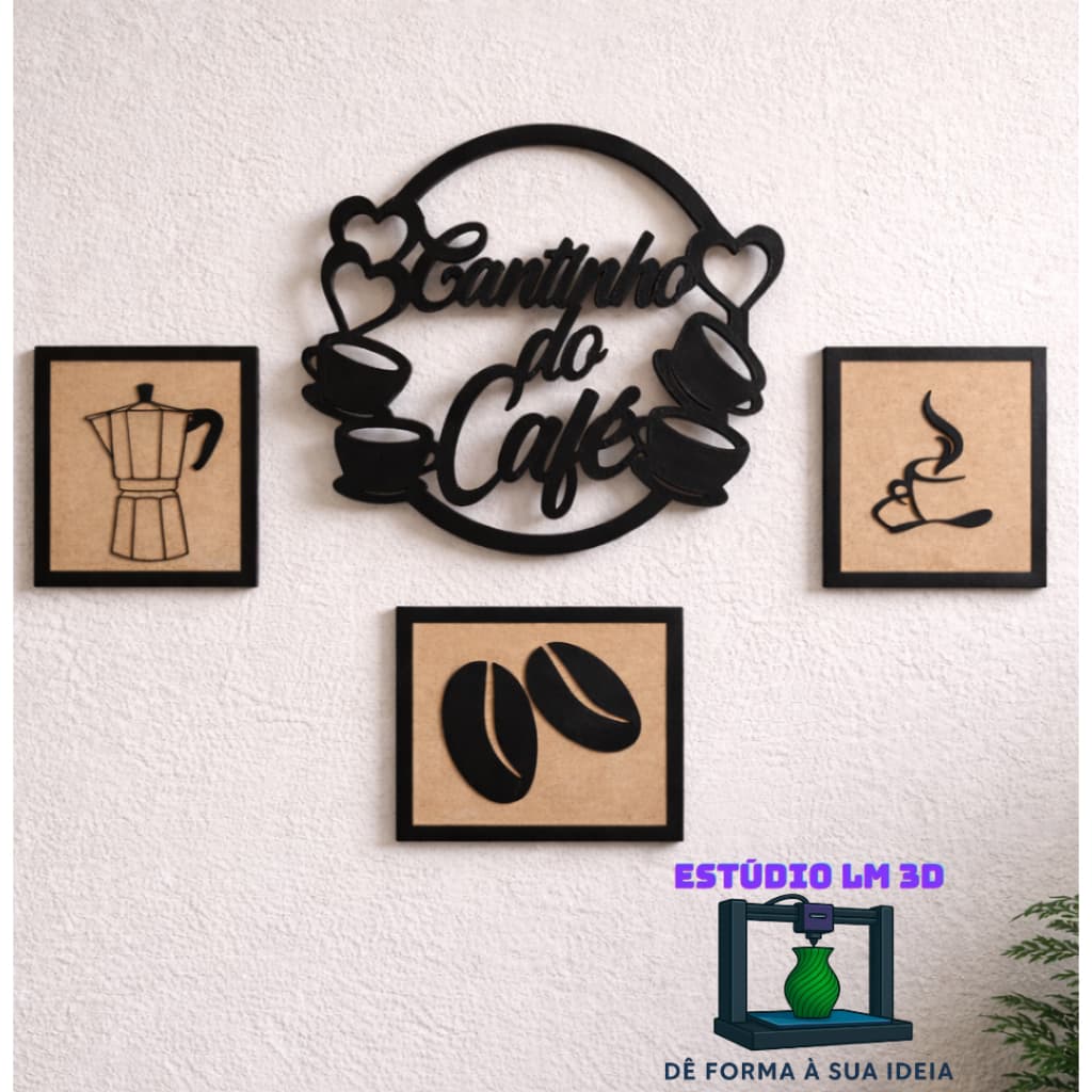 ☕ Kit 3 Quadros Decorativos Café Minimalista – MDF 3mm com Moldura | Detalhes em Impressão 3D