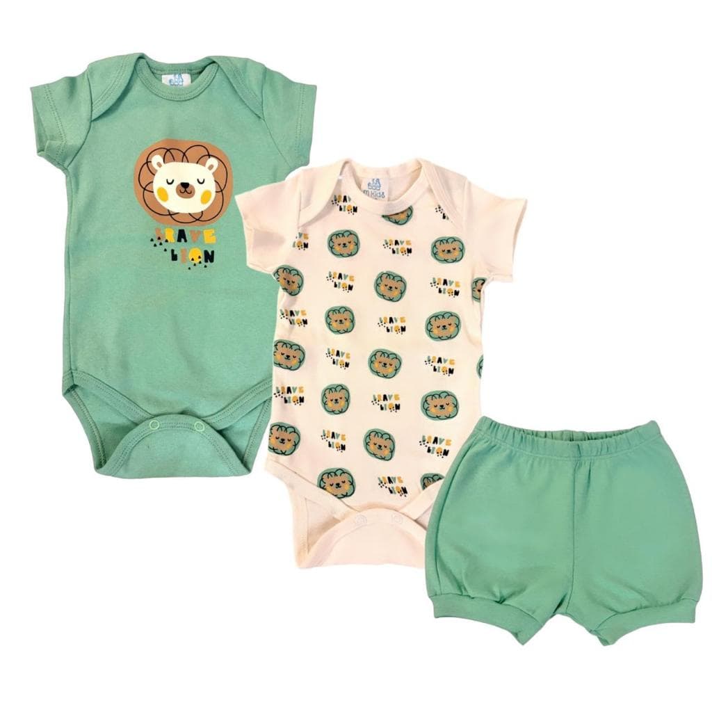 Kit Body Bebê Conjunto 3 Peças 2 Bodys + Bermuda Algodão Enxoval