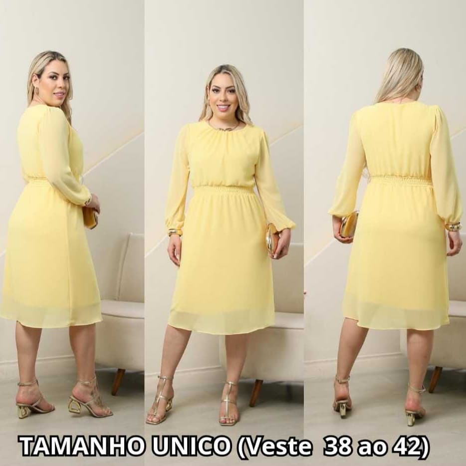 Vestido feminino chiffon manga longa elástico na cintura gola redonda festa casual elegante