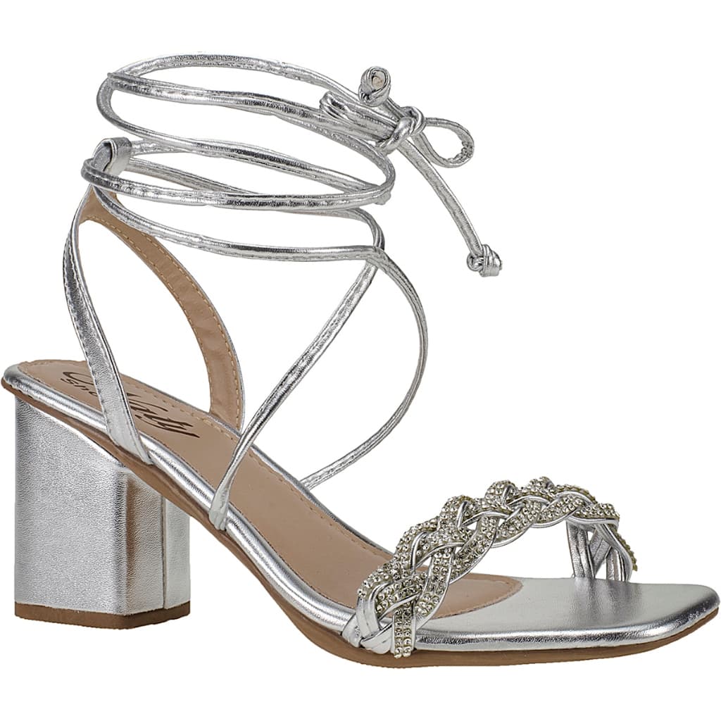 Sandalia Feminina Prata Metalizada Naty Shoes Salto Alto Bloco Confortável Com Strass e Amarração