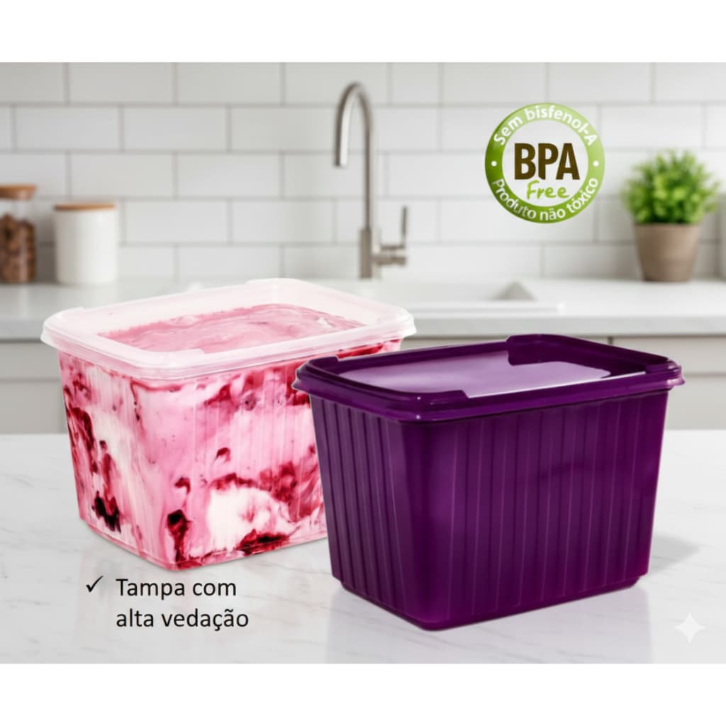 Pote sorvete açai 2 litros c/ tampa alta vedação 24 unidades BP Potes transparente / Roxo