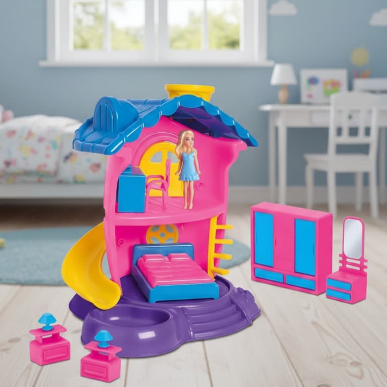 Casa De Boneca Judy C/ Quarto e Acessorios + Escorregador playset Casinha infantil