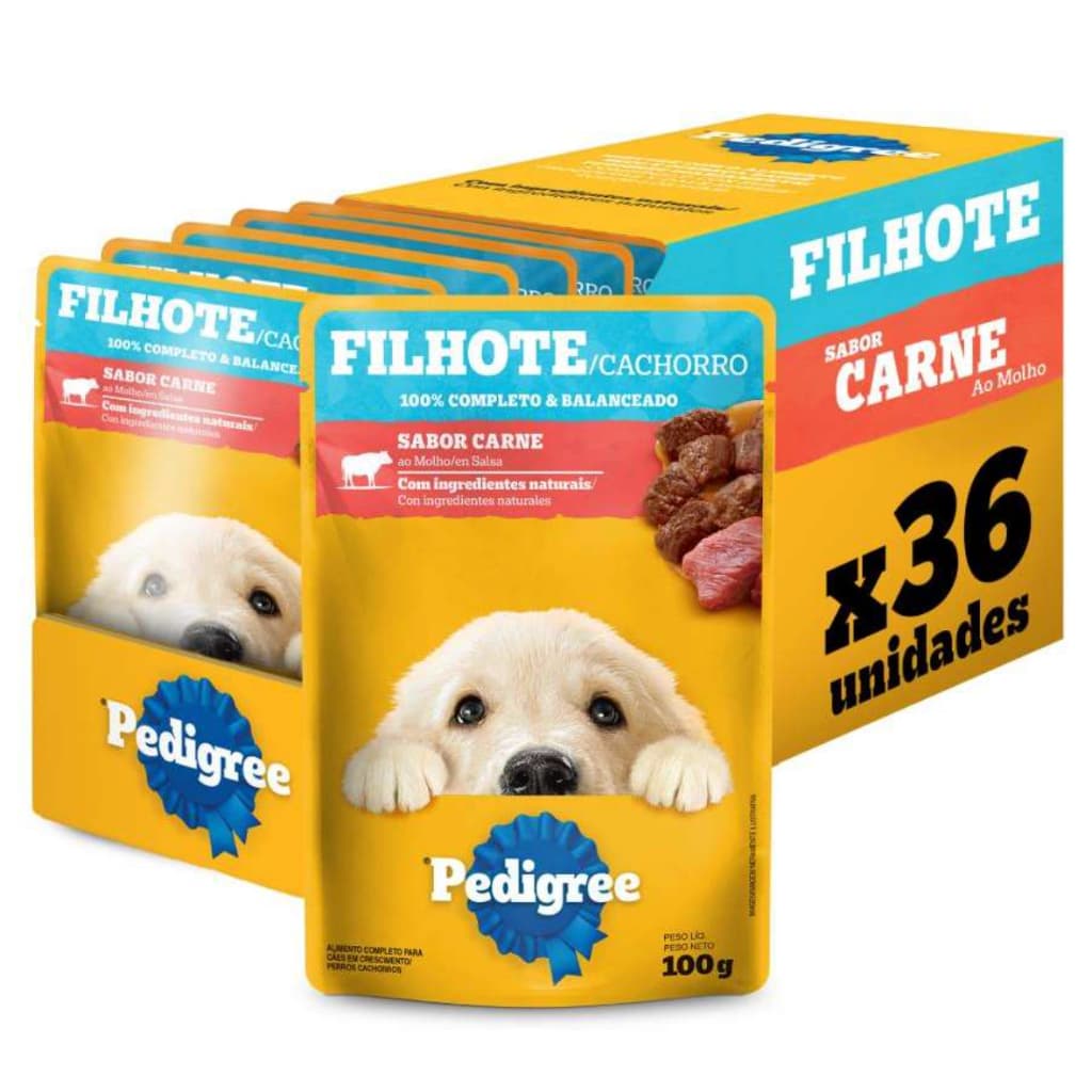 Kit Ração Úmida Pedigree Sachê Carne ao Molho para Cães Filhotes 36 Unidades