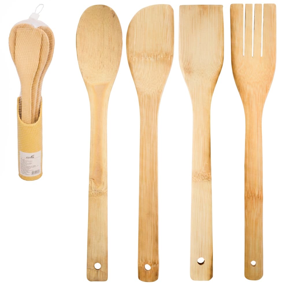 KIT COM COLHER + ESPATULA + GARFO + ESPATULA DE PAO DURO E SUPORTE DE BAMBU NA REDE Código 4631508