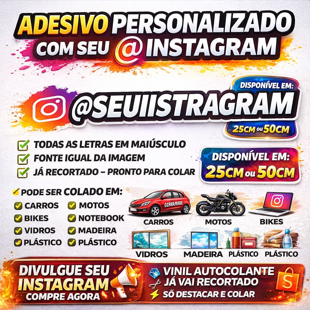 Adesivo personalizado impressão com seu @SeuInstagram para Carro Moto Notebook Capacete Bike