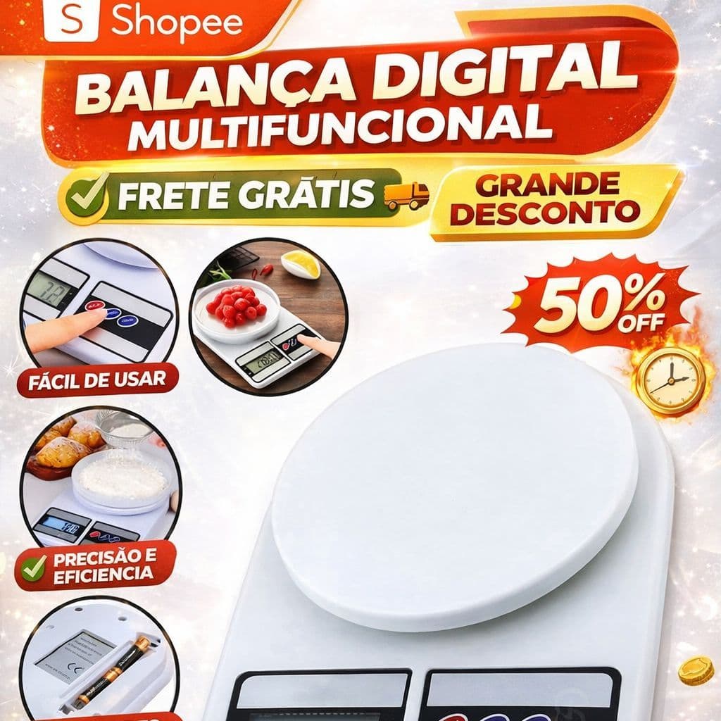 Balança Digital Cozinha Portátil 10 kg com Função Tara e Display Iluminado