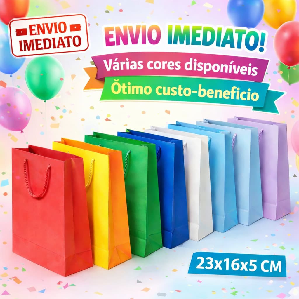 KIT 10/20/30/50 UNIDADES sacolas de papel vários cores LISAS TAMANHO 25x17x06CM