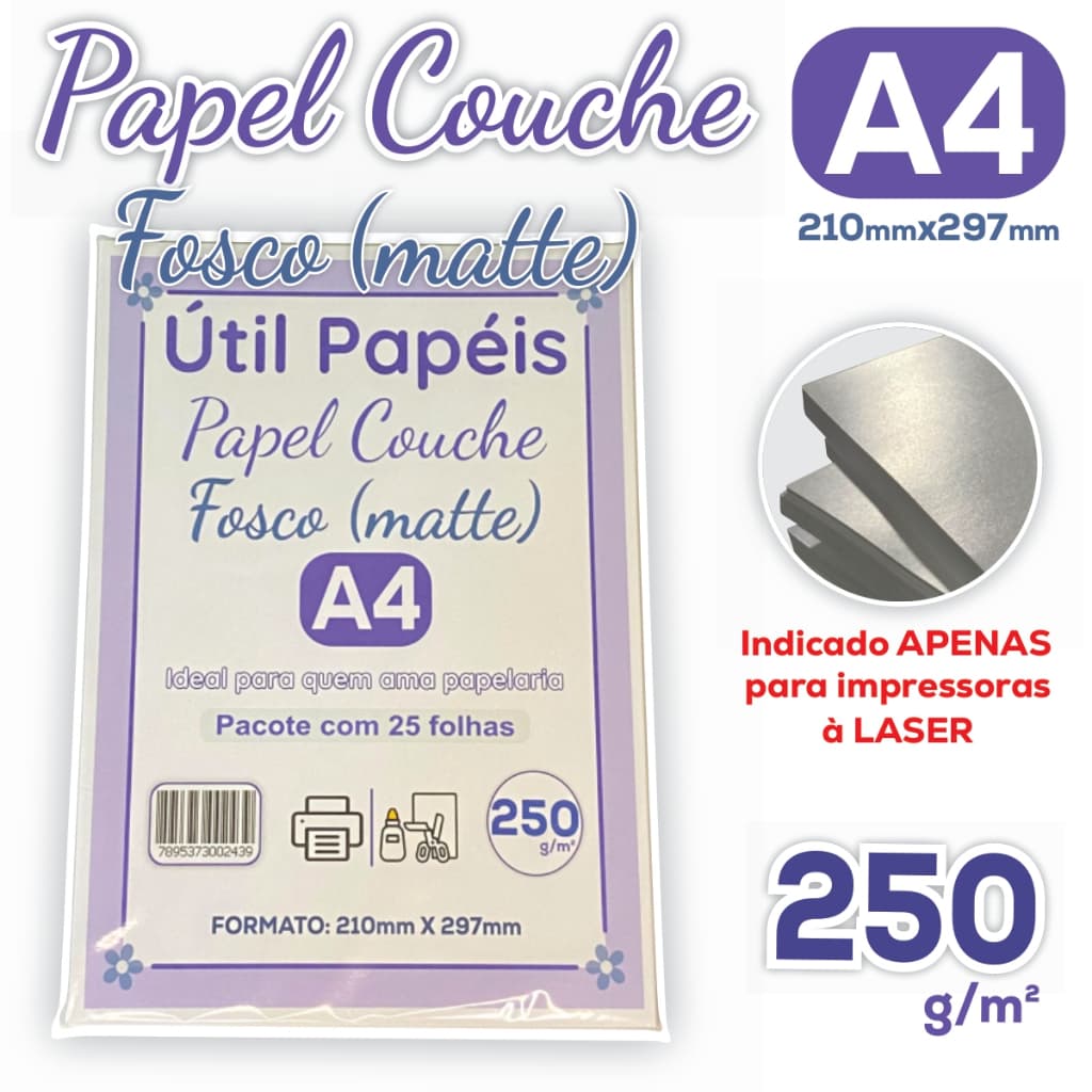 Papel Couche Fosco 250g A4 - Pacote com 25/50 folhas Acabamento Matte Folha Branca 210x297mm P Laser