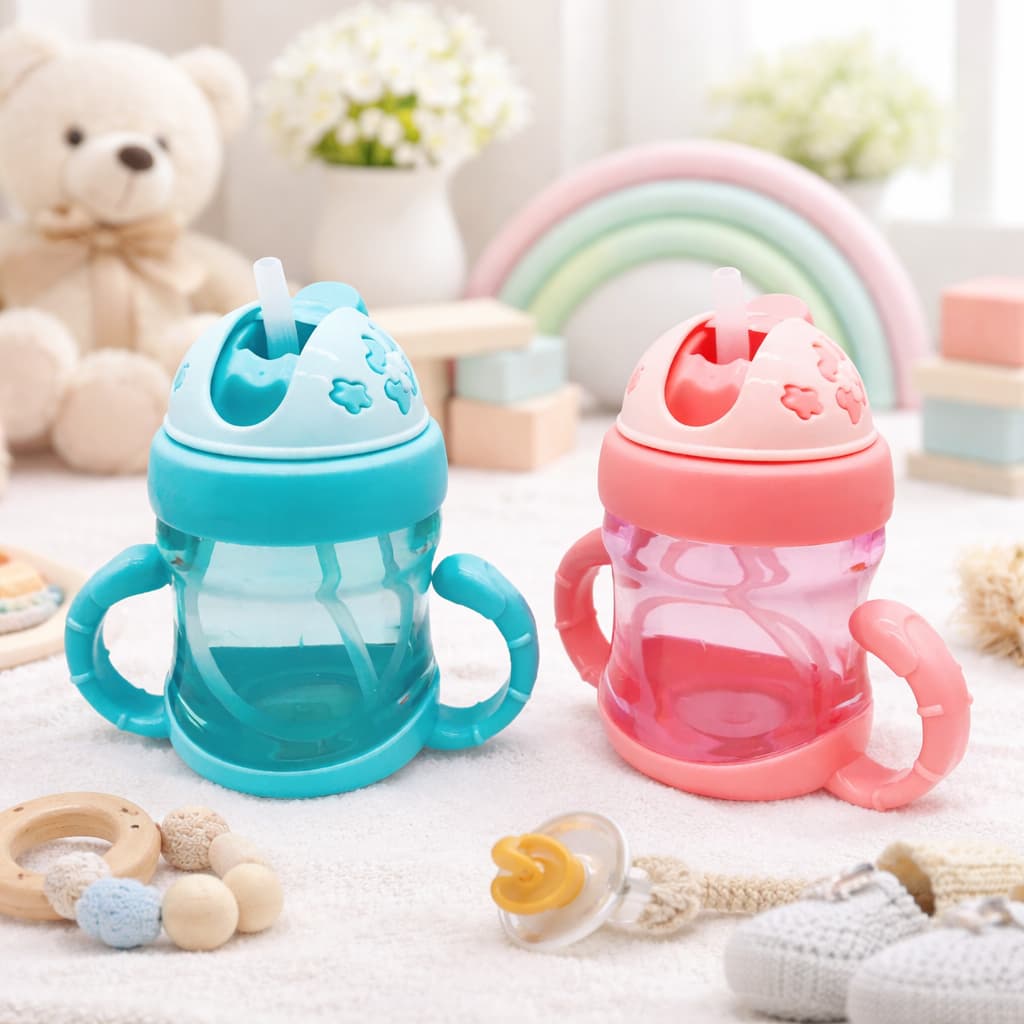 Copo de água potável 200ML com tampa e canudo + alça de plástico para crianças, bebê