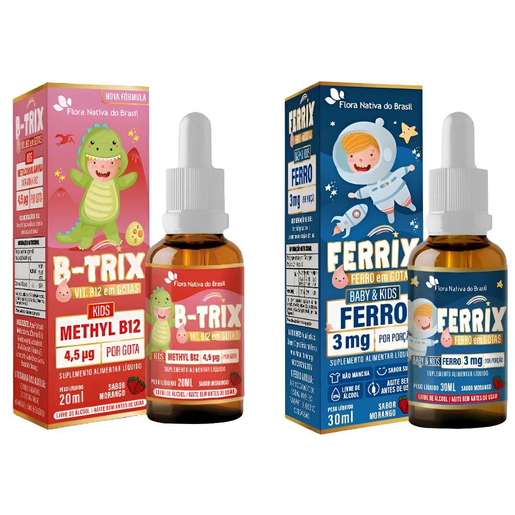 Kit Vitamina Infantil Ferrix (ferro) + B-trix (B12) sabor morango - Flora Nativa