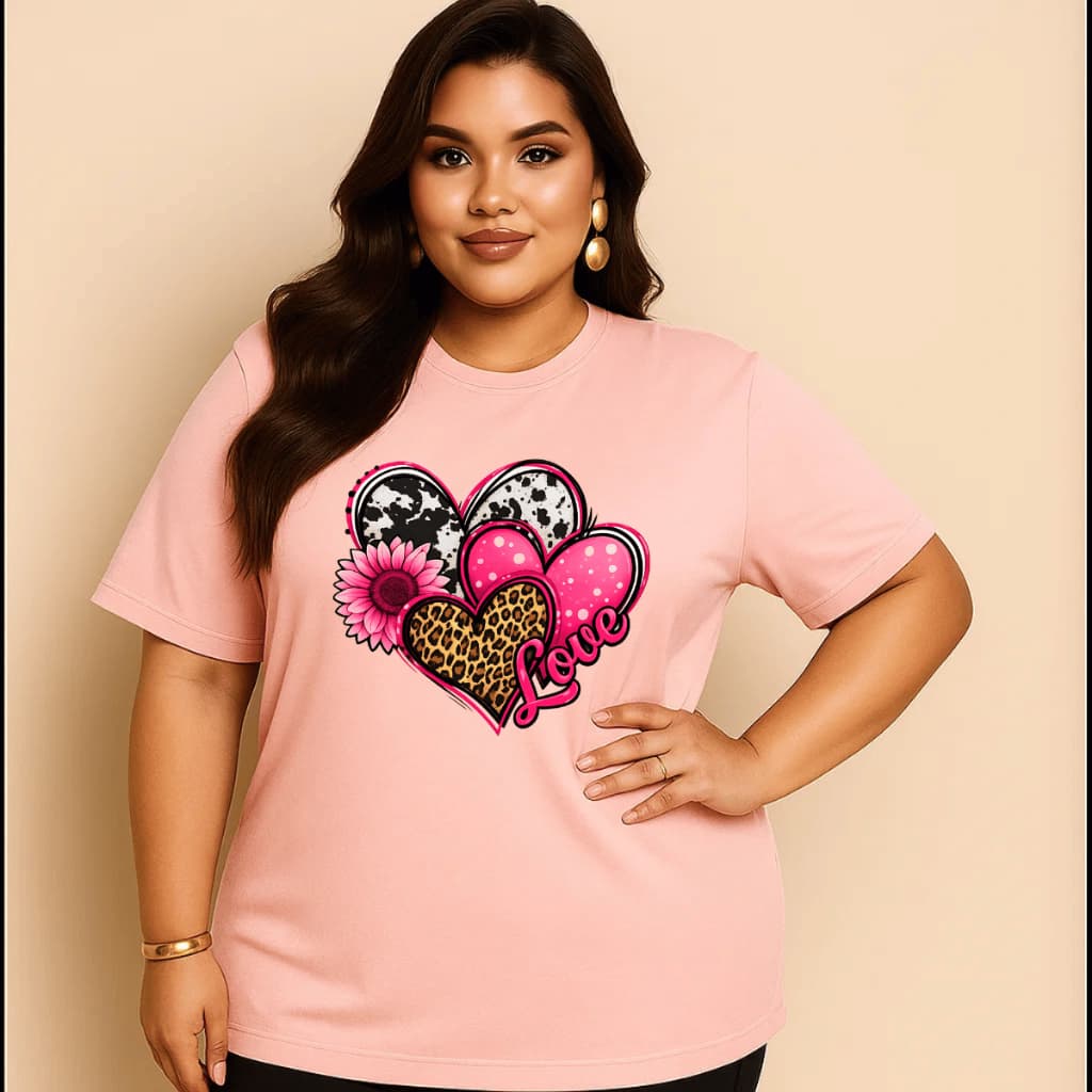 Camiseta Plus Size Feminina Estampada Do P Ao G5 3 Coração Love Academia Treino 100% Algodão Premium Verão