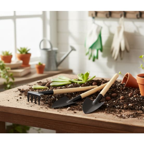 kit de Mini Ferramentas de Jardim com 3 peças  – Pá, Rastelo, Pá Jardim e Plantas de  Aço e madeira