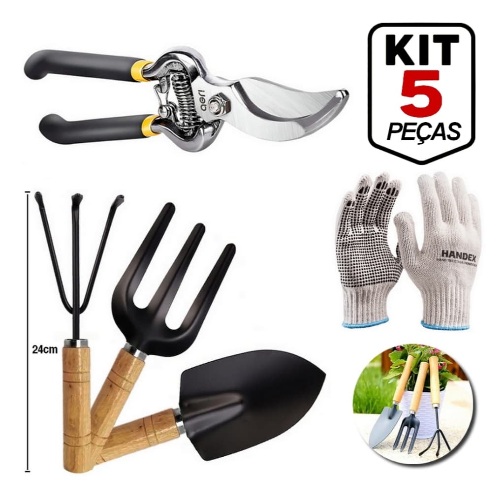 Kit 5 Peças Jardinagem Jardim Pá Tesoura Poda Luva ancinho garfo jardineiro