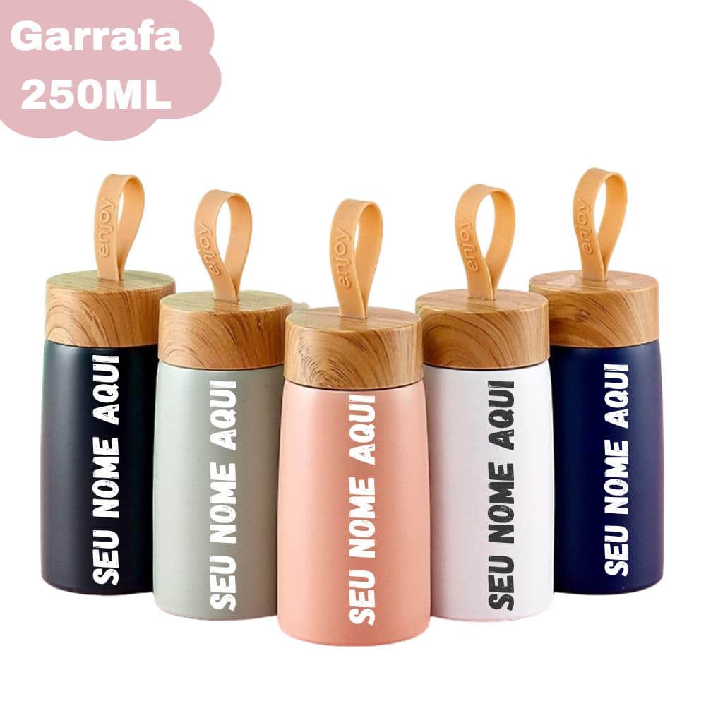 Garrafa Térmica Inox 304 250ml Parede Dupla – Compacta com Tampa Bambu