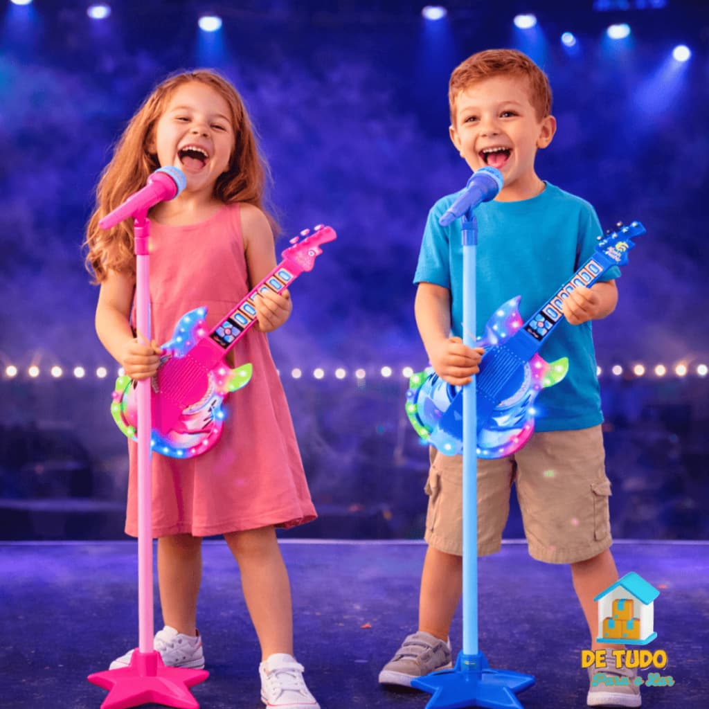 Microfone Guitarra Pedestal Infantil Som Luz Karaokê Conecte Seu Celular Smartphone Dia Das Crianças