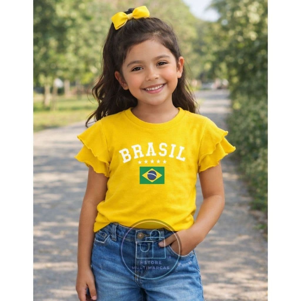 Blusa Infantil Brasil Menina 4 ao 12 Blusa Babado Infantil / Blusa Brasil Infantil Menina Camiseta Camisa Brasil Copa