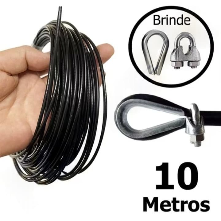 Cabo De Aço Revestido 3/16 6x19 Super Resistente Para Reparo Aparelhos Academia 3/16 - 10 Metros + 1 Sapatilha 1 Clip