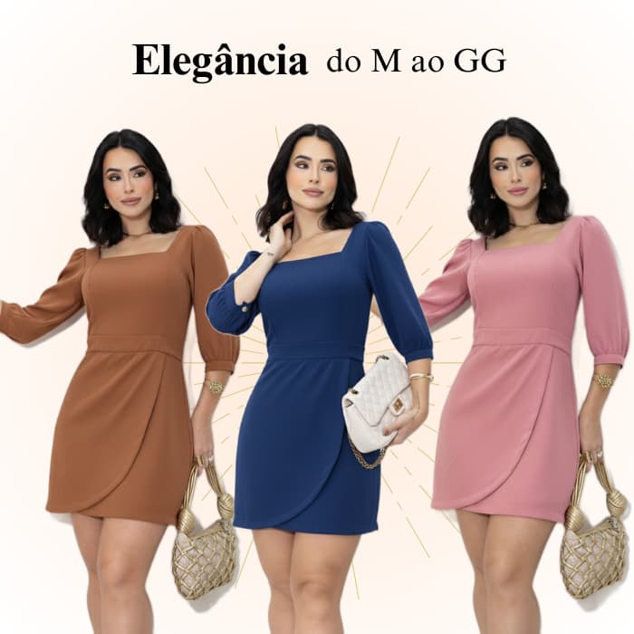 Vestido Curto em Alfaiataria Social Feminino Com decote quadrado Manga Bufantes com Botão e Zíper nas costas